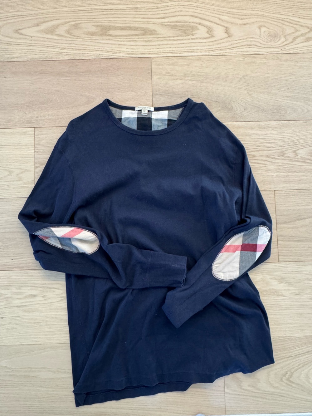 Burberry Navy Long-Sleeve Top with Plaid Elbow Patches